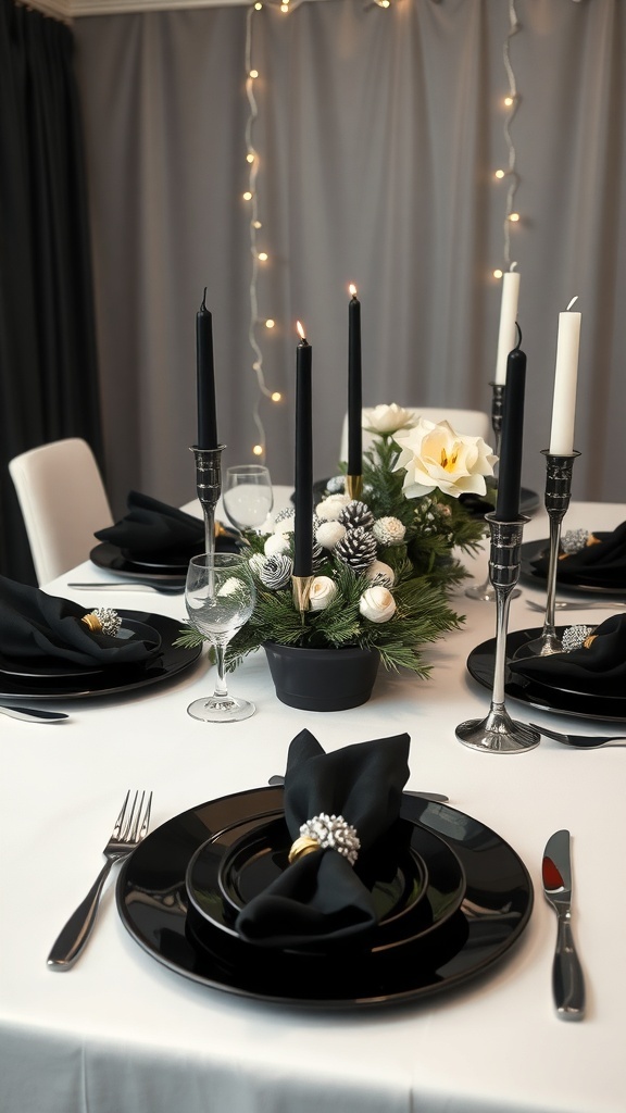 A sophisticated black and white Christmas table setting with elegant dinnerware, candles, and festive decorations.